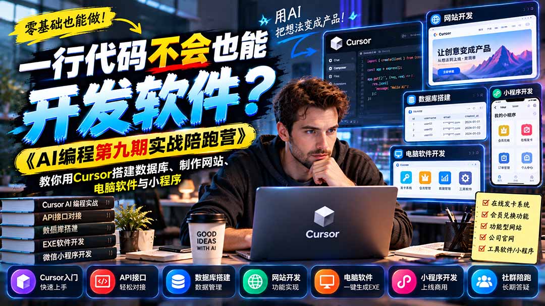 一行代码不会也能开发软件？《AI编程第九期实战陪跑营》教你用Cursor搭建数据库、制作网站、电脑软件与小程序-百川聊项目