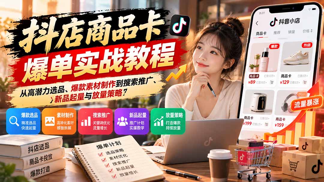 抖店商品卡爆单实战教程:从高潜力选品、爆款素材制作到搜索推广、新品起量与放量策略-百川聊项目