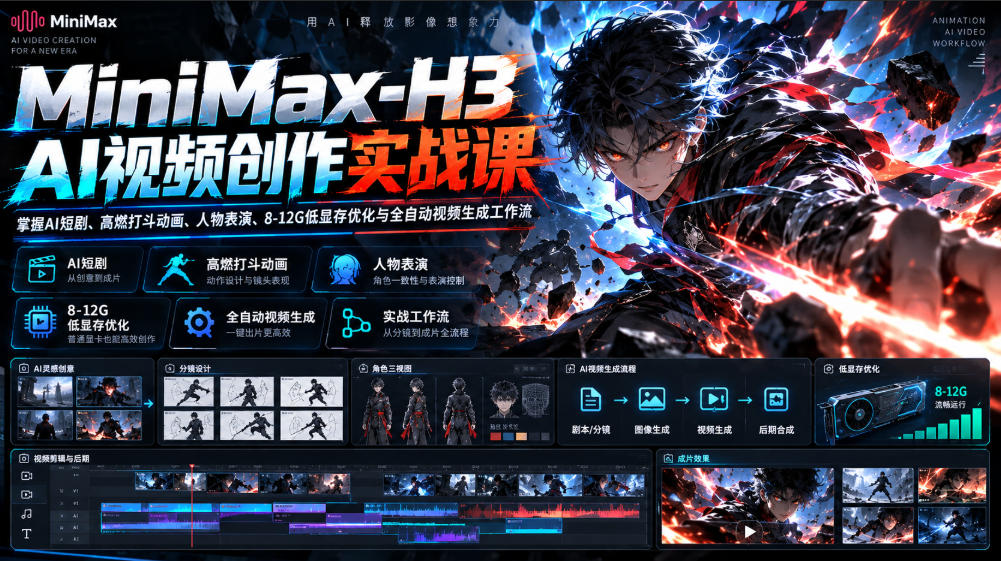 MiniMax-H3 AI视频创作实战课,掌握AI短剧、高燃打斗动画、人物表演、8-12G低显存优化与全自动视频生成工作流-百川聊项目