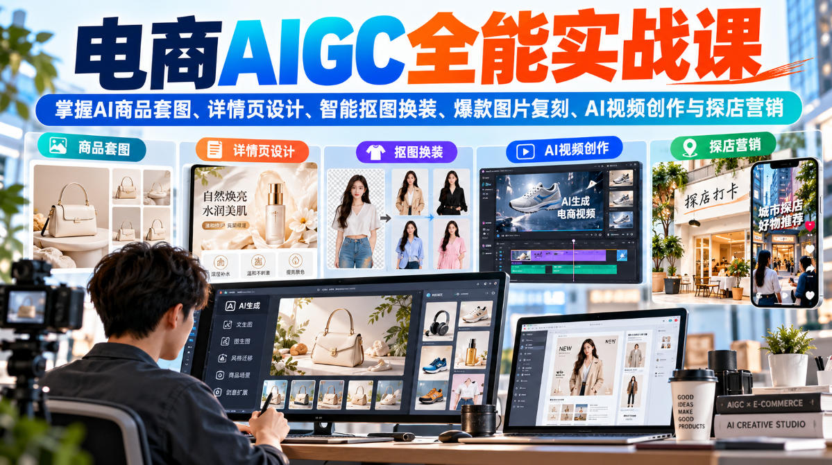 电商AIGC全能实战课:掌握AI商品套图、详情页设计、智能抠图换装、爆款图片复刻、AI视频创作与探店营销-百川聊项目