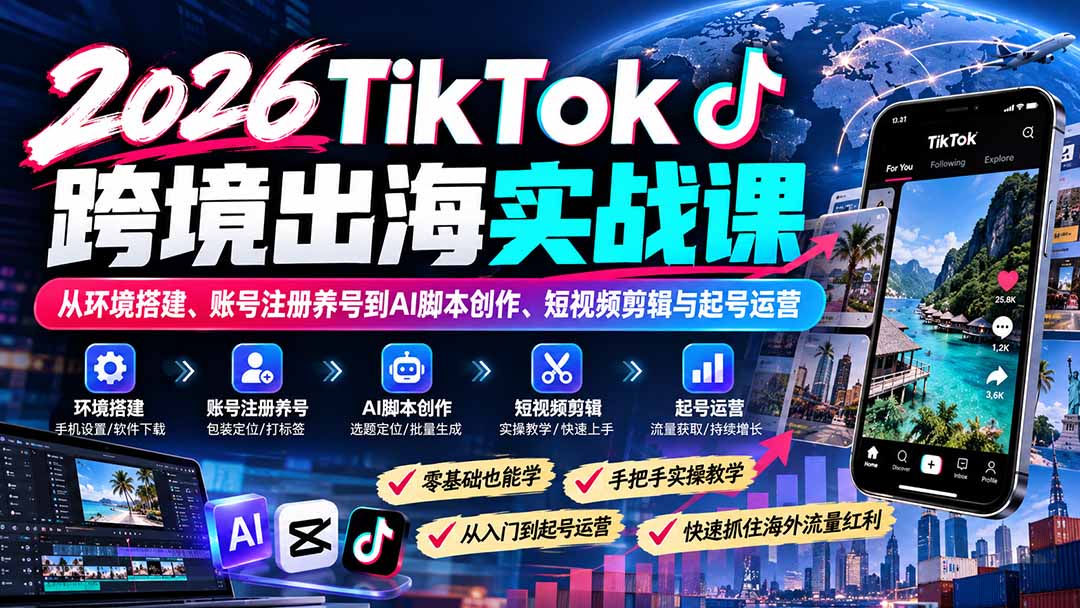 2026TikTok跨境出海实战课:从环境搭建、账号注册养号到AI脚本创作、短视频剪辑与起号运营-百川聊项目
