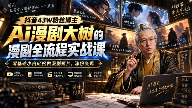 抖音43W粉丝博主Ai漫剧大树的漫剧制作全流程实战课,零基础小白轻松做漫剧短片,涨粉变现(更新1027)-百川聊项目