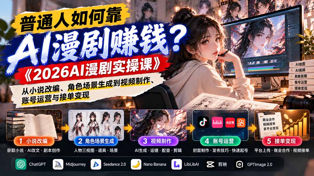 普通人如何靠AI漫剧赚钱？《2026AI漫剧实操课》从小说改编、角色场景生成到视频制作、账号运营与接单变现-百川聊项目