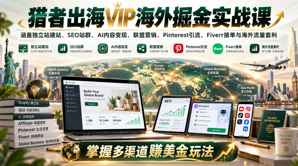 猎者出海VIP海外掘金实战课：涵盖独立站、SEO站群、AI变现、联盟营销、Pinterest引流、Fiverr接单与海外流量套利，掌握多渠道賺美金玩法-百川聊项目