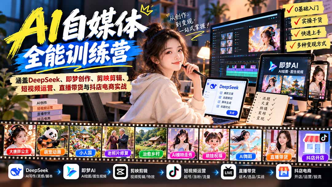 【无水印】AI+自媒体全能训练营：涵盖DeepSeek、即梦创作、剪映剪辑、短视频运营、直播带货与抖店电商实战-百川聊项目