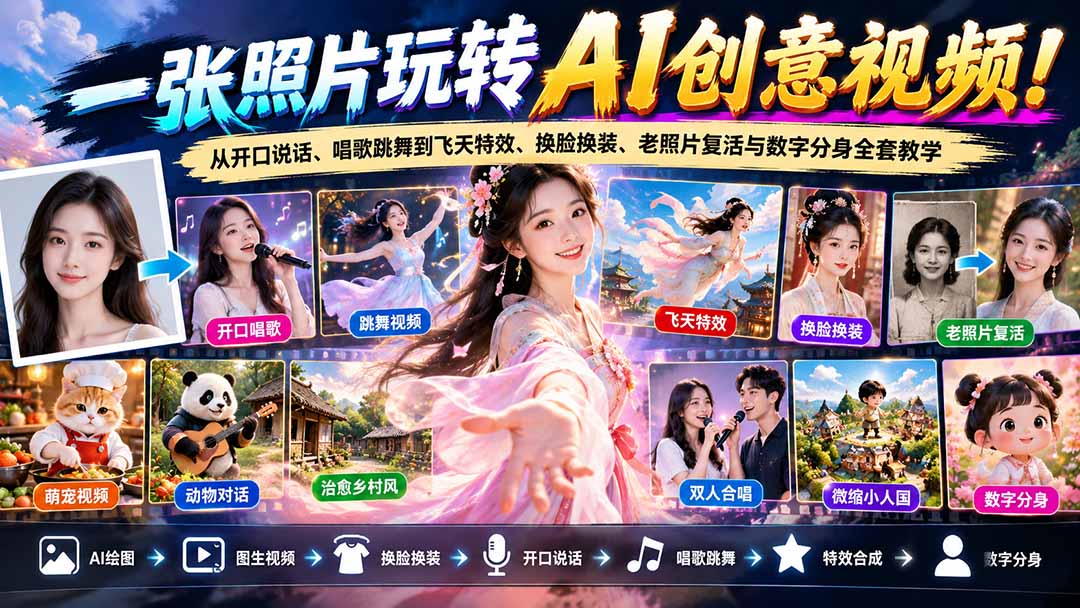 一张照片玩转AI创意视频！从开口说话、唱歌跳舞到飞天特效、换脸换装、老照片复活与数字分身全套教学-百川聊项目