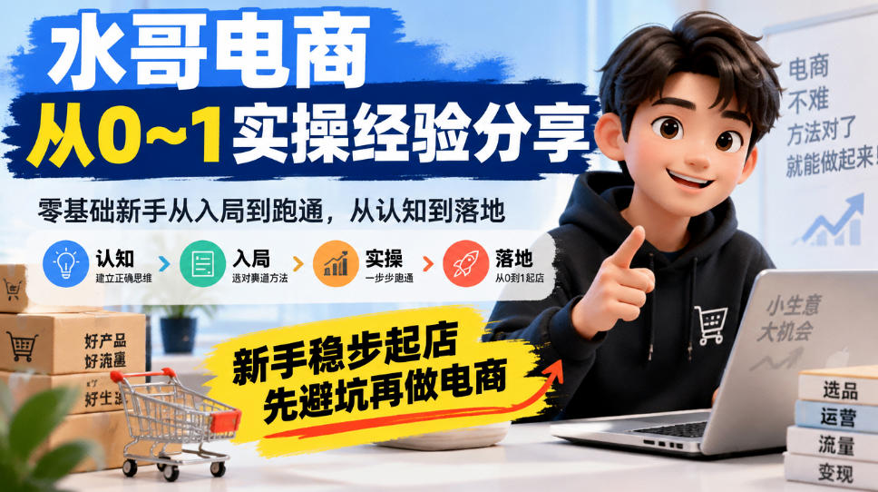 水哥电商从0~1实操经验分享，​零基础新手从入局到跑通，从认知到落地，新手稳步起店，先避坑再做电商-百川聊项目