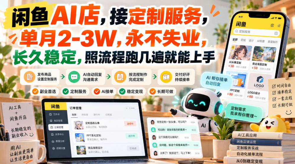 闲鱼AI店，接定制服务，单月2-3W，永不失业，长久稳定，照流程跑几遍就能上手-百川聊项目