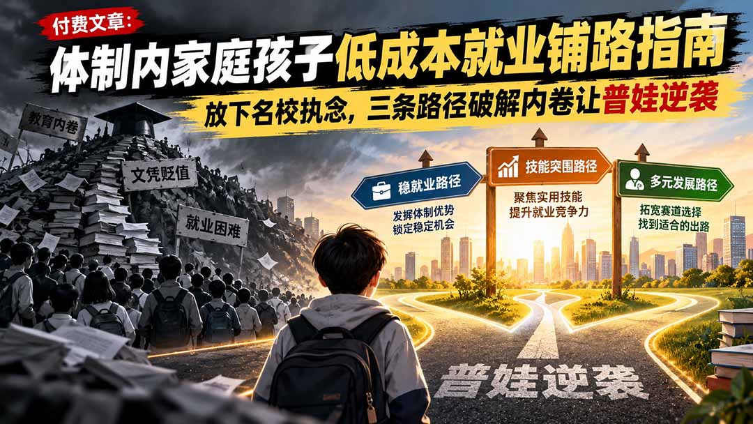 付费文章:体制内家庭孩子低成本就业铺路指南,放下名校执念,三条路径破解内卷让普娃逆袭-百川聊项目