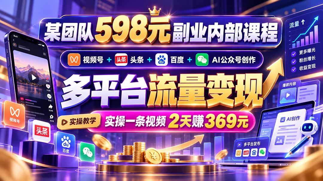 某团队598元副业内部课程：视频号+头条+百度+AI公众号创作、多平台流量变现，实操一条视频2天赚369元-百川聊项目
