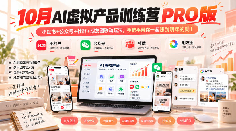 10月AI虚拟产品训练营PRO版，小红书+公众号+社群+朋友圈联动玩法，手把手带你一起赚到明年的钱！(更新1029)-百川聊项目