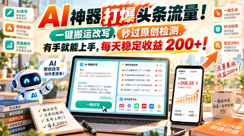 AI神器打爆头条流量，一键搬运改写，秒过原创检测，有手就能上手，每天稳定收益200+！【揭秘】-百川聊项目