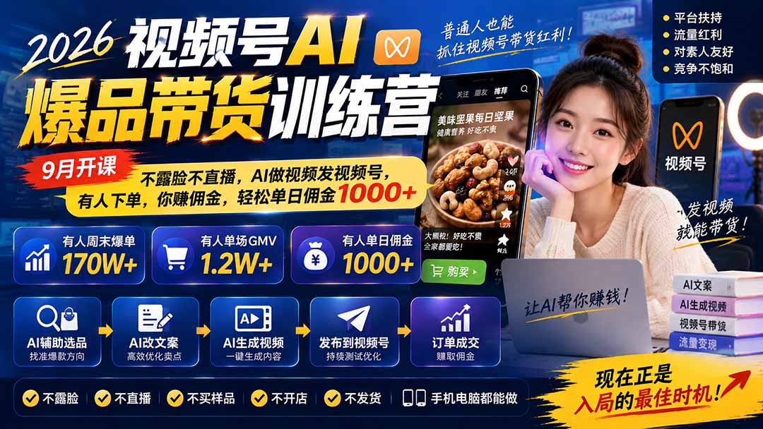 图片[1]-2026视频号AI爆品带货训练营-9月开课｜不露脸不直播，AI做视频发视频号，有人下单，你赚佣金，轻松单日佣金1000+-百川聊项目
